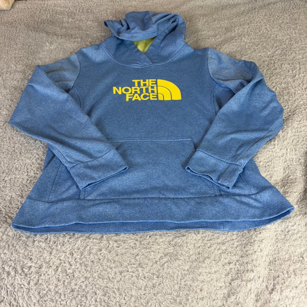 The North Face Womens Blue Heathered Yellow Logo Pullover Hoodie L